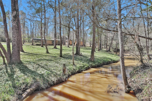 view of yard featuring a forest view