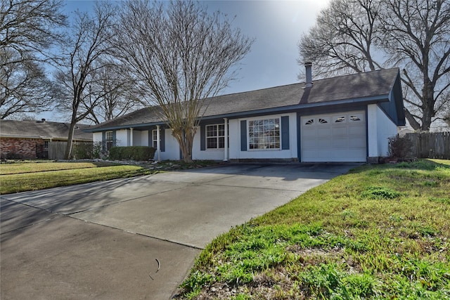 ranch-style home with driveway, an attached garage, fence, a front yard, and stucco siding