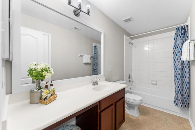 full bathroom with shower / bath combination with curtain, visible vents, toilet, vanity, and tile patterned flooring