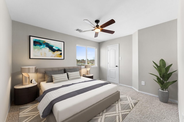 bedroom featuring carpet, visible vents, ceiling fan, and baseboards