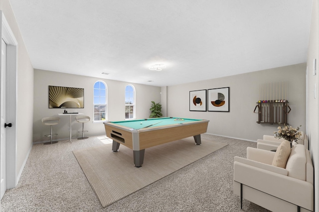 rec room featuring carpet flooring, billiards, and baseboards