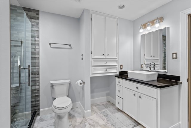 full bath featuring toilet, marble finish floor, a shower stall, and baseboards