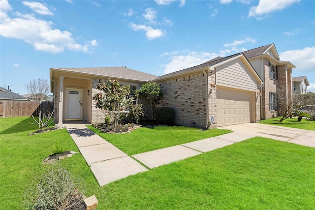 single story home with brick siding, a front yard, fence, a garage, and driveway