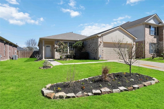 view of front of house with a garage, central AC, brick siding, driveway, and a front lawn