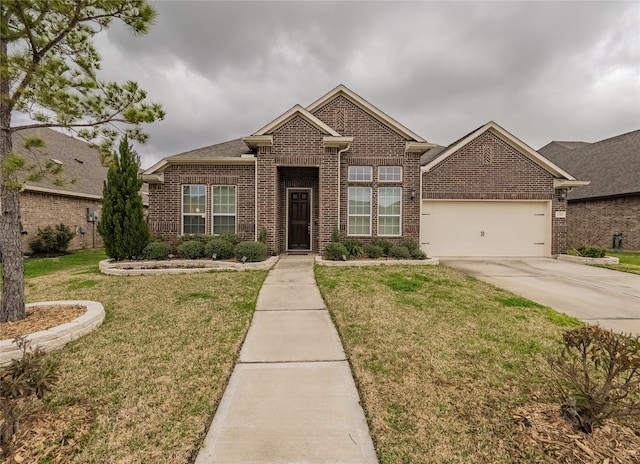 view of front facade with a garage, driveway, brick siding, and a front lawn