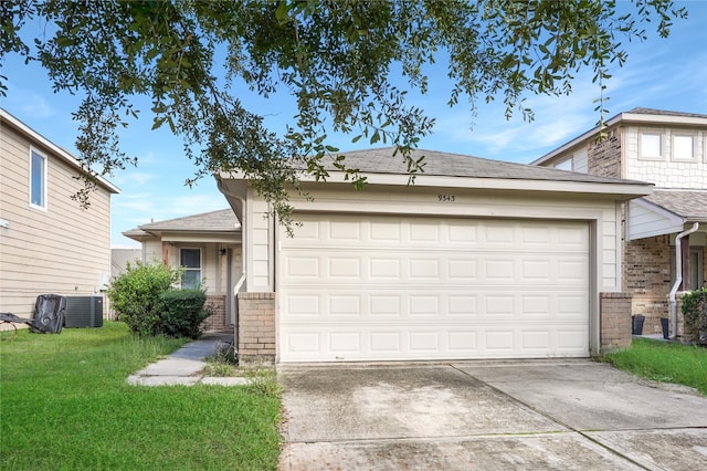 ranch-style house featuring a front lawn, central AC, brick siding, and an attached garage