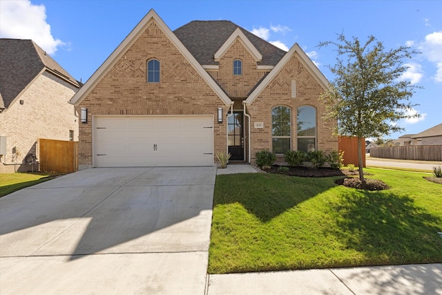 view of front facade with concrete driveway, brick siding, a front lawn, and fence