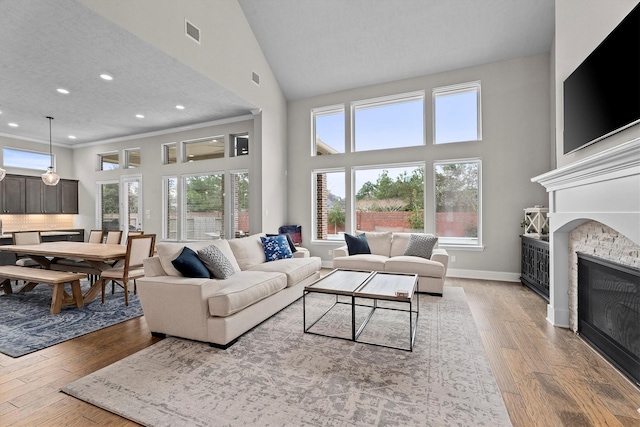 living room with light wood finished floors, baseboards, a fireplace, and visible vents