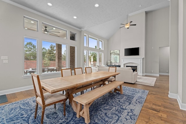 dining room featuring high vaulted ceiling, a fireplace, light wood-style flooring, and baseboards