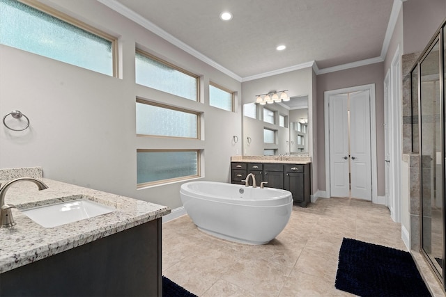 full bathroom with ornamental molding, two vanities, a sink, and a shower stall