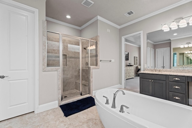 full bath with a washtub, visible vents, crown molding, and a shower stall