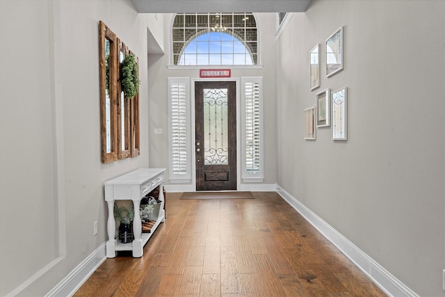 foyer entrance with plenty of natural light, baseboards, and dark wood-type flooring