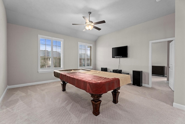 playroom with a ceiling fan, billiards, baseboards, and carpet flooring