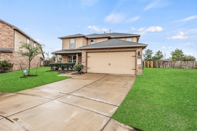 view of front facade with an attached garage, brick siding, fence, concrete driveway, and a front lawn