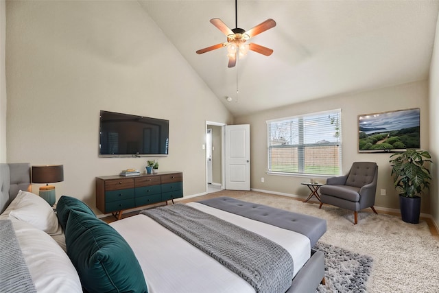 carpeted bedroom featuring ceiling fan, high vaulted ceiling, and baseboards