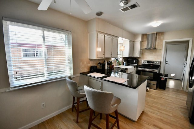 kitchen with visible vents, wall chimney exhaust hood, a peninsula, stainless steel electric stove, and backsplash