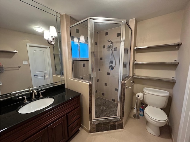 full bath featuring a stall shower, tile patterned flooring, vanity, and toilet