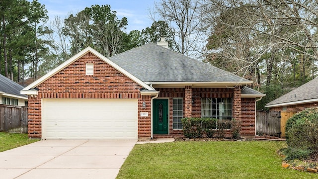 ranch-style house with concrete driveway, a front lawn, an attached garage, and fence