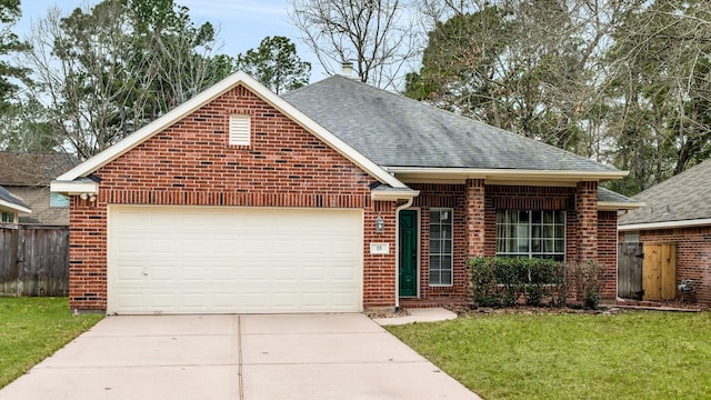 single story home with brick siding, a shingled roof, an attached garage, fence, and driveway