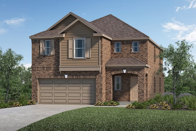 view of front of home with a garage, brick siding, a shingled roof, driveway, and a front yard