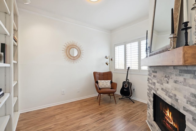 sitting room with light wood finished floors, baseboards, and a stone fireplace