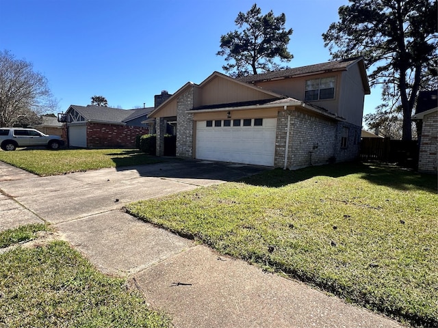 view of front of home featuring a garage, concrete driveway, brick siding, and a front lawn