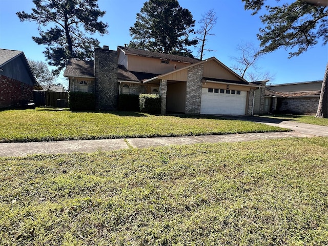 mid-century modern home with brick siding, a chimney, concrete driveway, a garage, and a front lawn