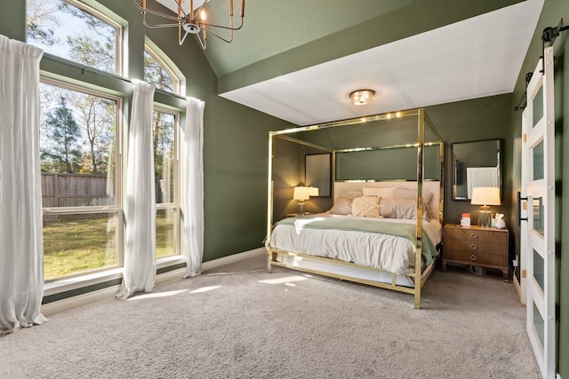 carpeted bedroom with vaulted ceiling, multiple windows, a chandelier, and baseboards