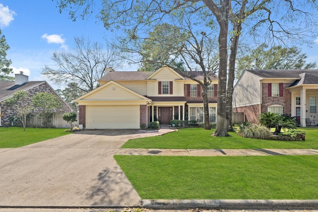 view of front facade featuring a front yard, brick siding, driveway, and an attached garage