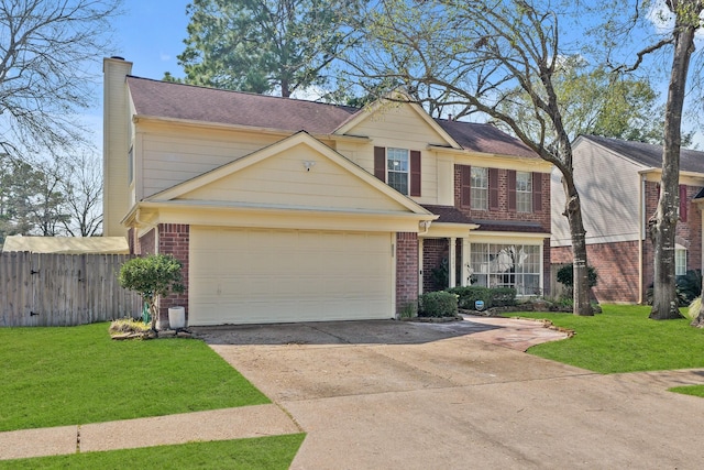 view of front facade featuring brick siding, a front lawn, and a chimney