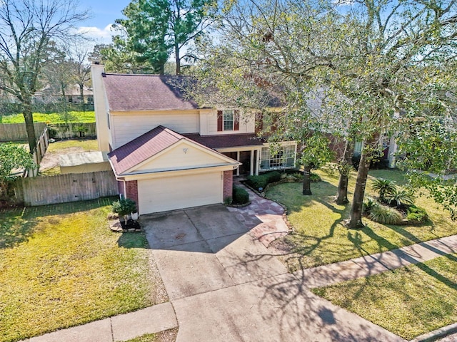 traditional home featuring a chimney, a front yard, fence, a garage, and driveway