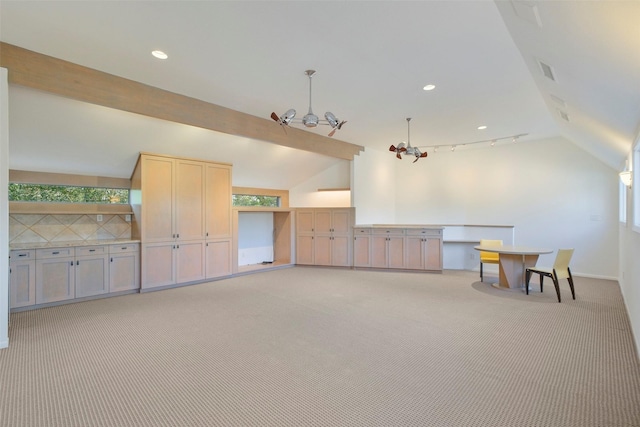 interior space with recessed lighting, visible vents, light colored carpet, and lofted ceiling with beams