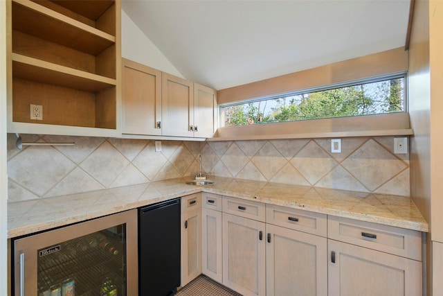 kitchen with beverage cooler, open shelves, decorative backsplash, fridge, and a wealth of natural light