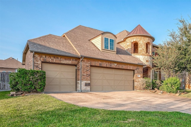 french country inspired facade with brick siding, a front lawn, and a shingled roof