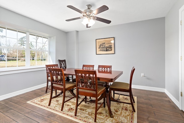 dining room with dark wood-style floors, ceiling fan, and baseboards