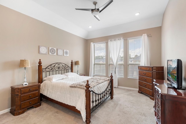 bedroom with ceiling fan, recessed lighting, baseboards, and light carpet