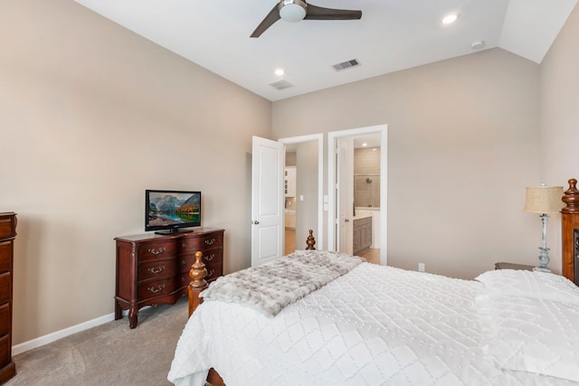 bedroom featuring lofted ceiling, light colored carpet, visible vents, and baseboards