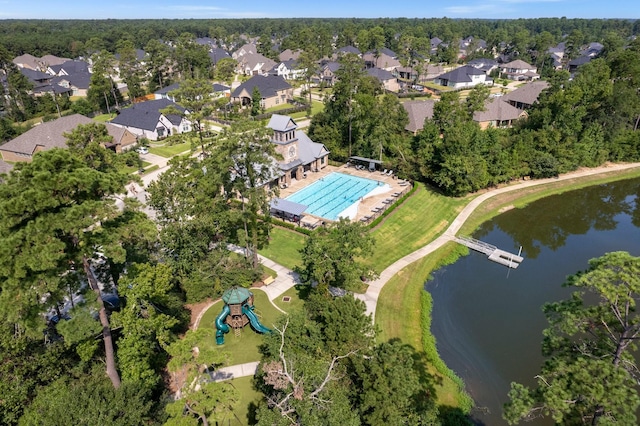 aerial view featuring a residential view and a water view