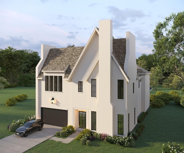 view of front of house featuring a shingled roof, concrete driveway, a front lawn, and stucco siding