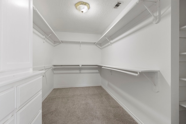 walk in closet featuring visible vents and light colored carpet