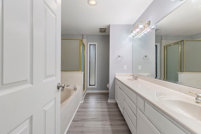 bathroom featuring a stall shower, a garden tub, a sink, and double vanity