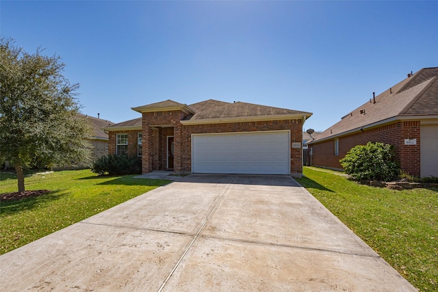 view of front of house featuring a garage, concrete driveway, brick siding, and a front lawn