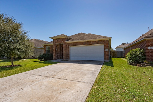 ranch-style home featuring brick siding, concrete driveway, an attached garage, fence, and a front yard