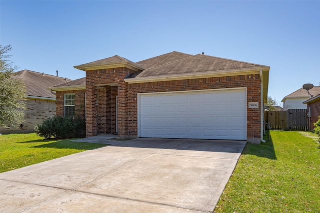 ranch-style house with driveway, brick siding, fence, and a front yard