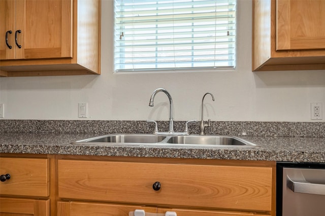 kitchen with stainless steel dishwasher, dark countertops, and a sink