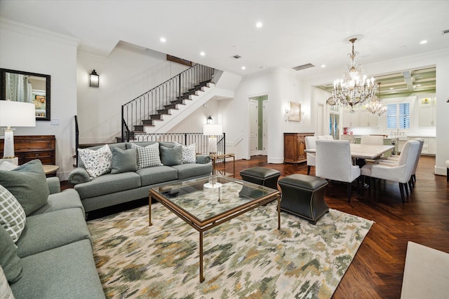 living area featuring ornamental molding, recessed lighting, visible vents, and stairway