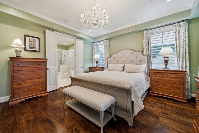 bedroom with ornamental molding, baseboards, and wood finished floors