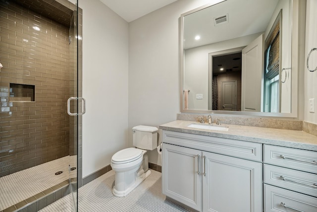 full bathroom with a stall shower, visible vents, toilet, and tile patterned floors