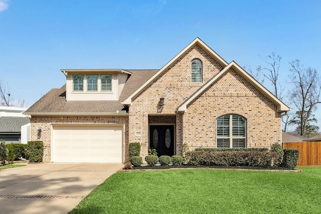 view of front facade with brick siding, a front lawn, fence, concrete driveway, and a garage