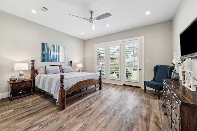 bedroom featuring light wood-type flooring, visible vents, a ceiling fan, access to outside, and recessed lighting